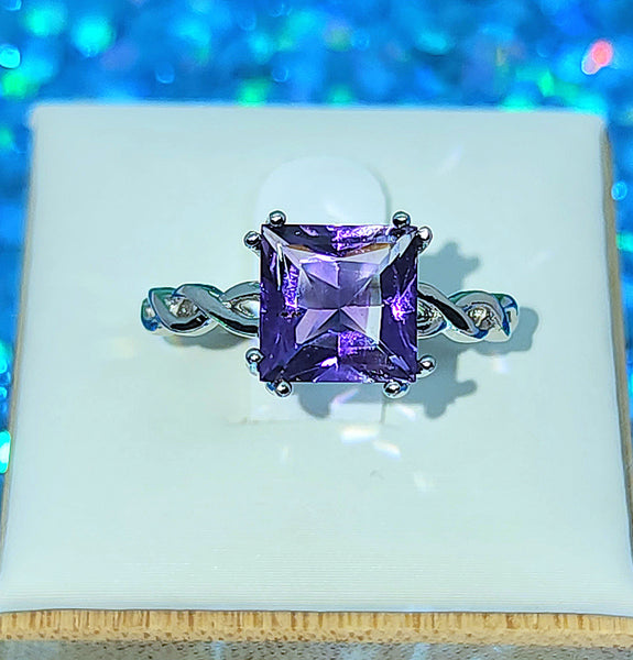 Princess Cut Amethyst Solitaire Ring in Sterling Silver