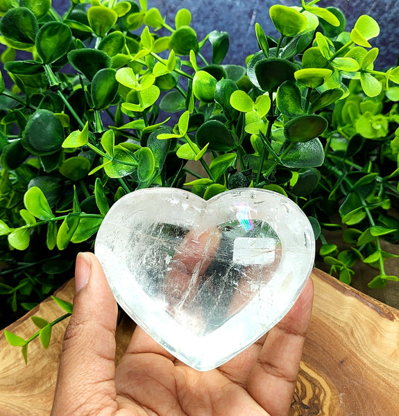 Clear Quartz Heart Bowl with Rainbows