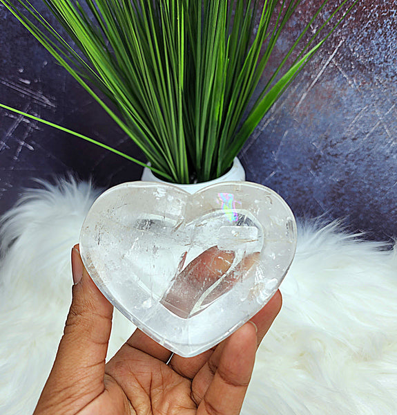 Clear Quartz Heart Bowl with Rainbows