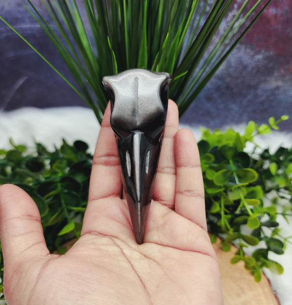 Lg Silver Sheen Obsidian Crow Skull